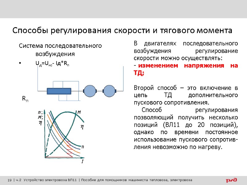 Способы регулирования скорости и тягового момента  Система последовательного возбуждения Uд=Uкс- Iд*Rп  